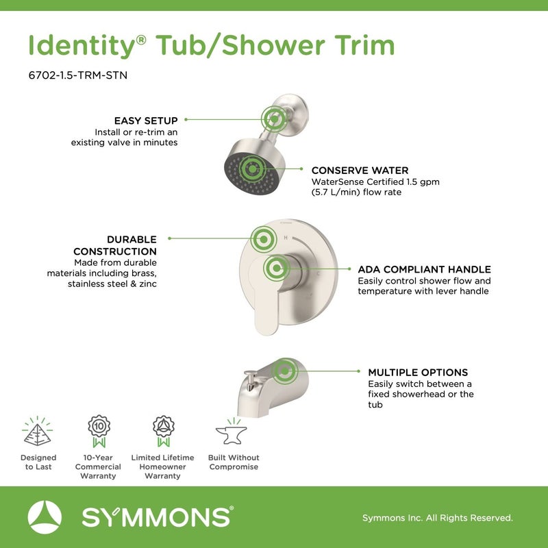 Symmons 6702-1.5-TRM-STN Identity Single Handle 1-Spray Tub and Shower Faucet Trim in Satin Nickel - 1.5 GPM (Valve Not Included) - Image 3